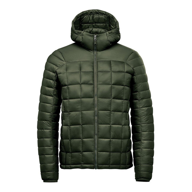 A green puffer jacket with a hood, featuring a quilted design and a zip closure at the front. It has a logo.