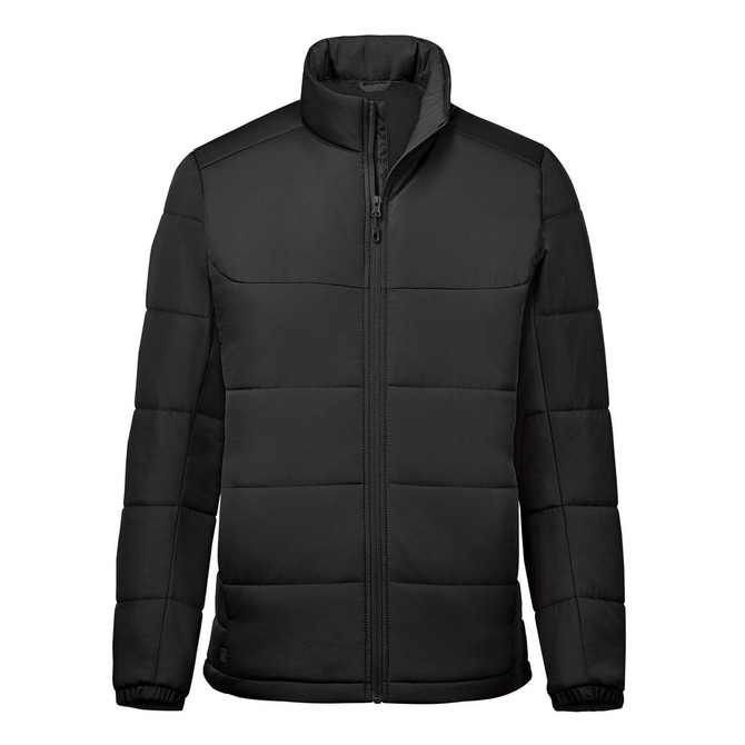 A black puffer jacket with a high collar and zip front, featuring a logo on the chest.