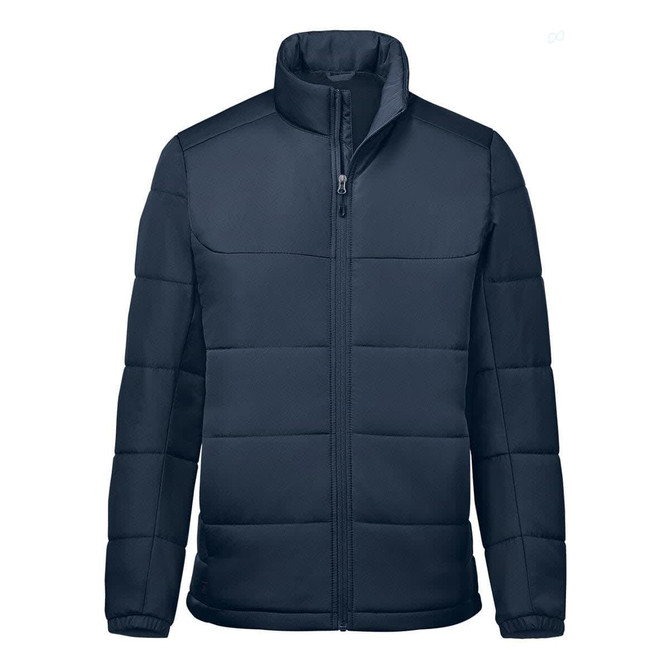 A navy blue men's thermal jacket featuring a zip front and padded sections, with a collar and a logo on the chest.
