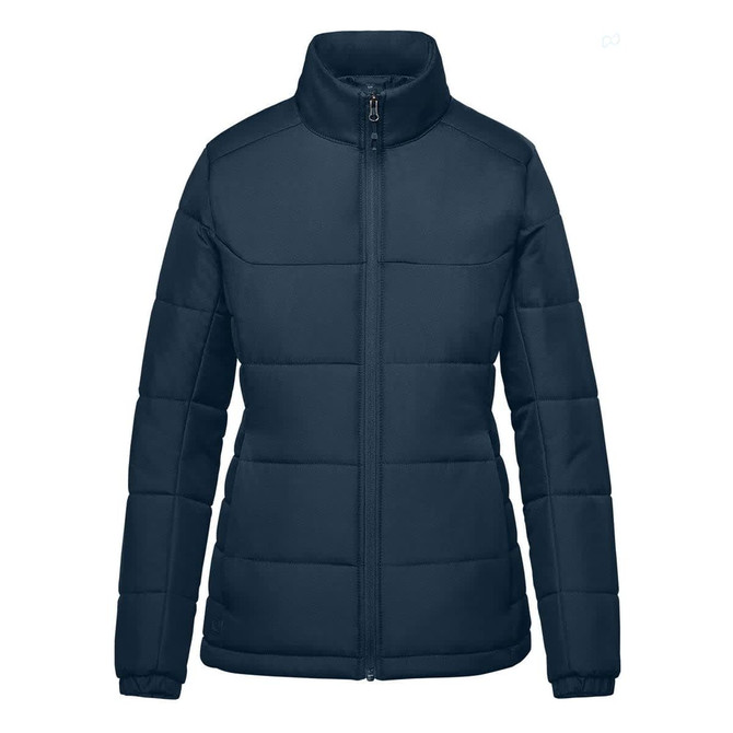 A women's puffer jacket in navy blue, featuring a zip-up front and high collar. It has a logo on it.