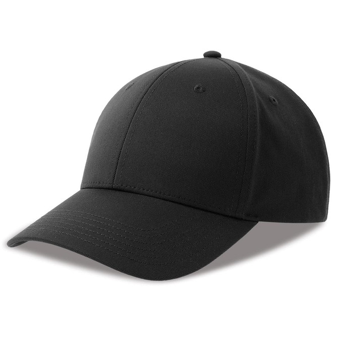 A black cap made from recycled polyester, featuring a curved peak and a structured design. It includes a logo.