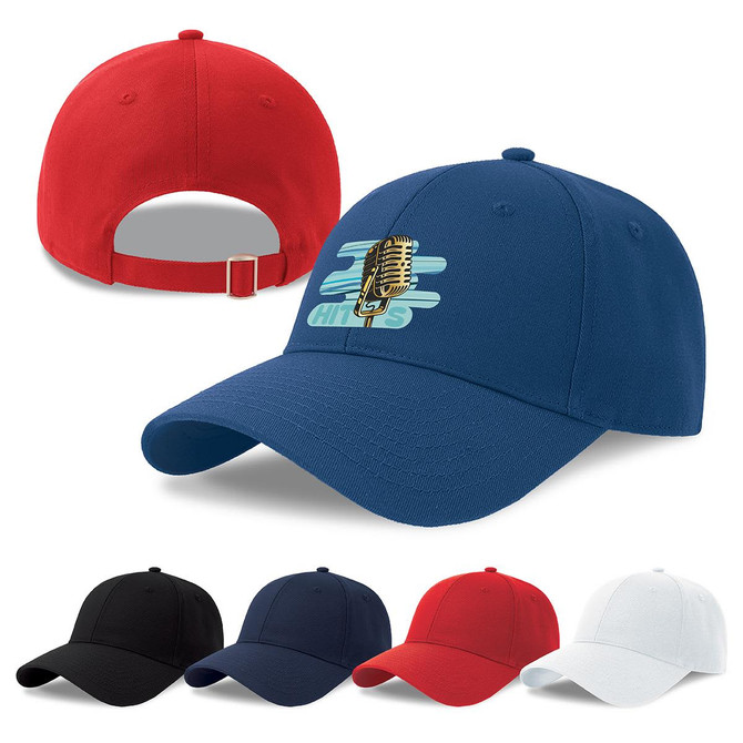 A collection of caps in red, blue, black, navy, and white, featuring a logo on the front of the blue cap.