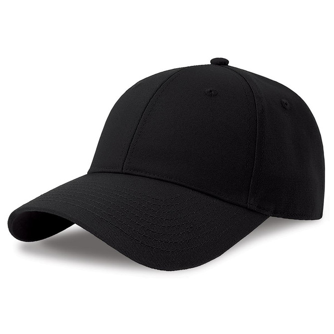 A black cap made from recycled and organic cotton, featuring a rounded peak and an adjustable back.