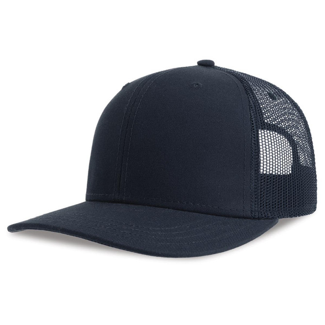 A navy trucker cap with a solid front and breathable mesh back, featuring a logo on the side.