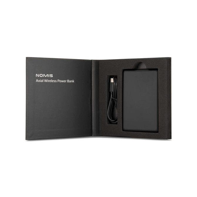A black Axial by Nomis solid state power bank in a sleek presentation box with a USB cable.