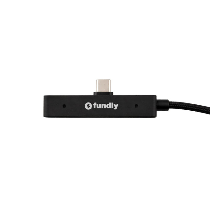 A charging cable in black with a connector and a branding logo on the side.