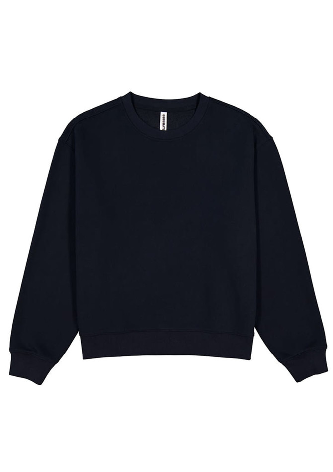 A navy crew sweatshirt with long sleeves and a simple, unembellished design. It features a logo on the label.