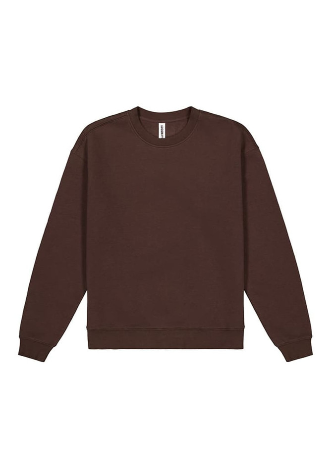 A brown crew sweatshirt with long sleeves and a rounded neckline. It features a simple design and has a logo.