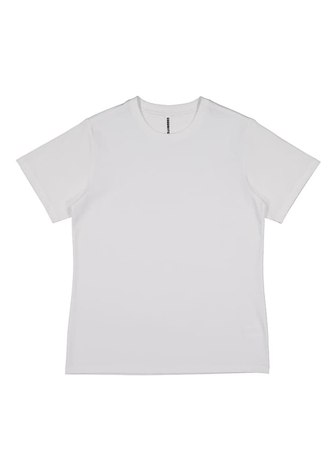 A white women's short sleeve tee with a round neckline and a subtle logo on the label.