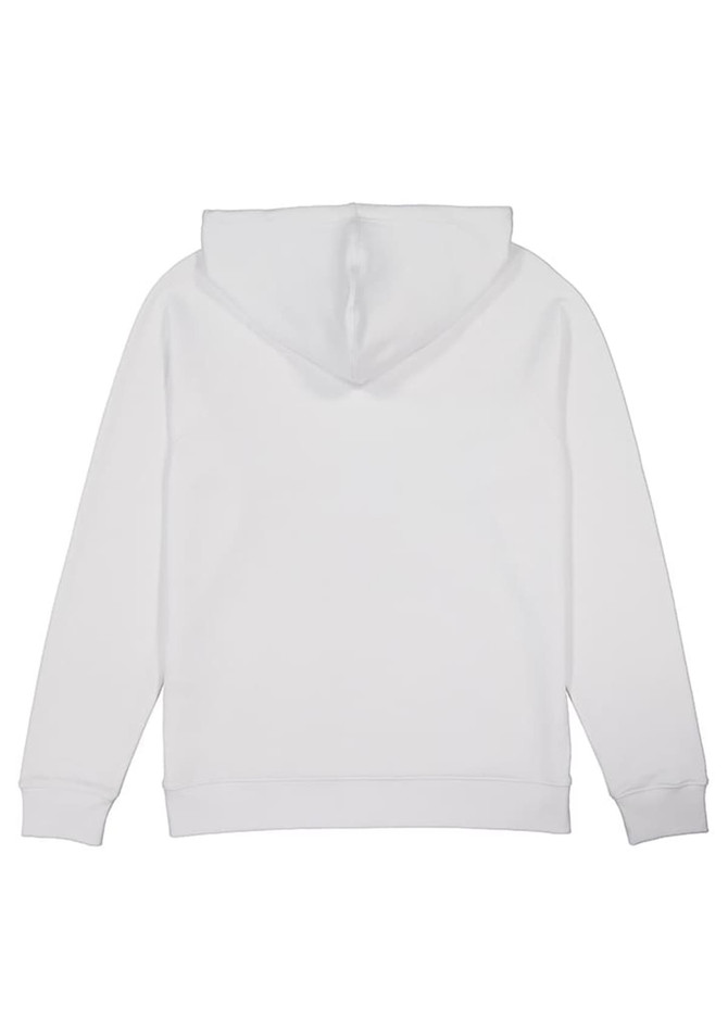 A white women's hoodie with a hood, featuring long sleeves and a simple design. Includes branding.