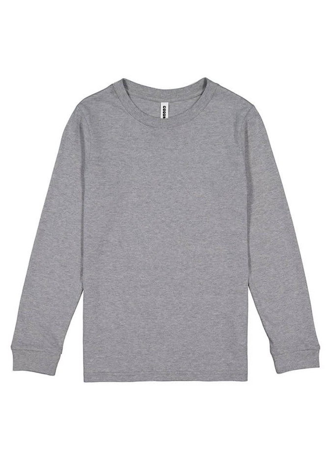 A grey long sleeve t-shirt with a round neckline and no visible design, featuring a brand logo on the label.