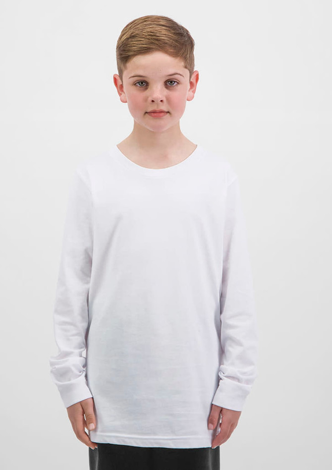 A white long sleeve tee designed for kids, featuring a simple, classic fit and a logo on the front.