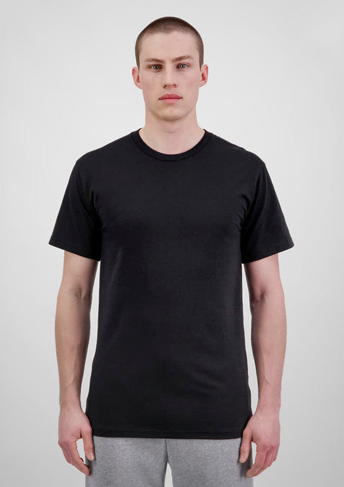 A black short sleeve tee for men, featuring a simple design and a standard fit.