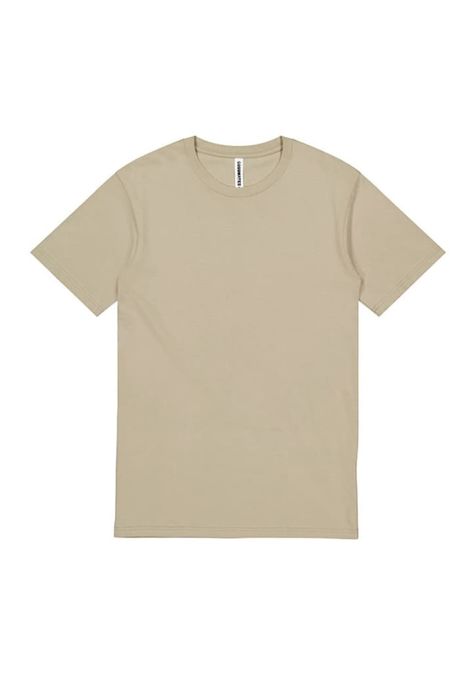 A short sleeve men's t-shirt in a beige colour, featuring a simple design and a branding label.