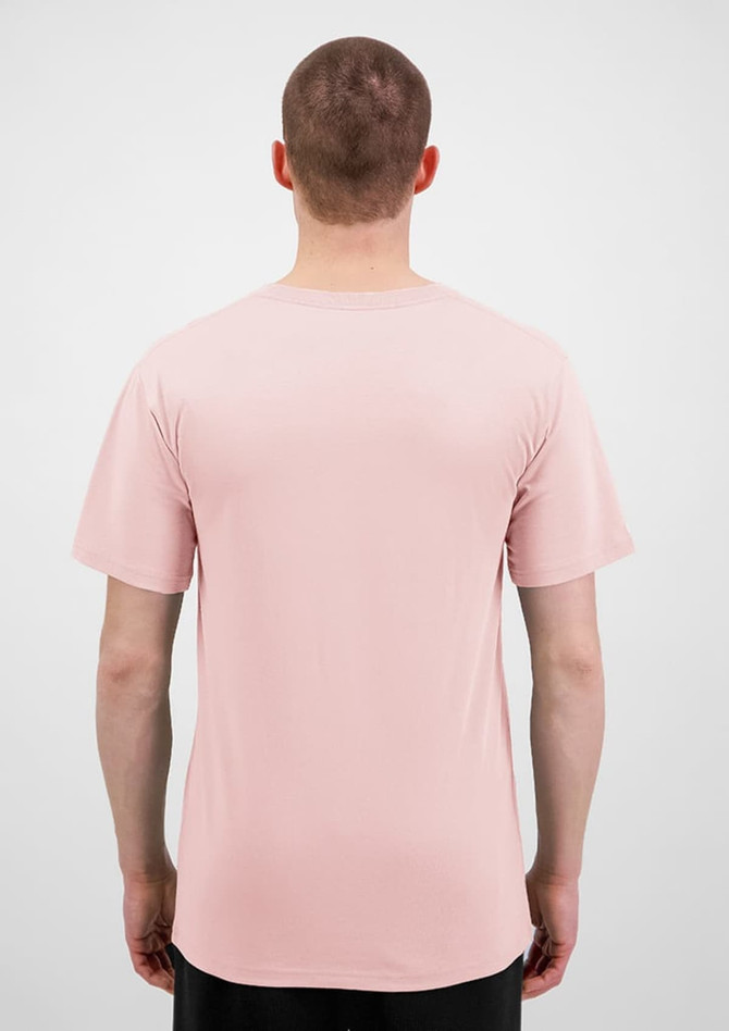 A men's short sleeve tee in a soft pink colour, featuring a plain design and a logo on the back.