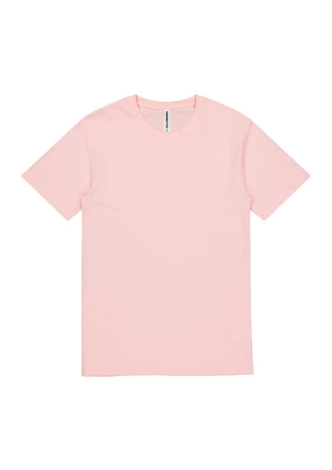 A pink short sleeve T-shirt with a crew neck and a logo tag on the neckline.