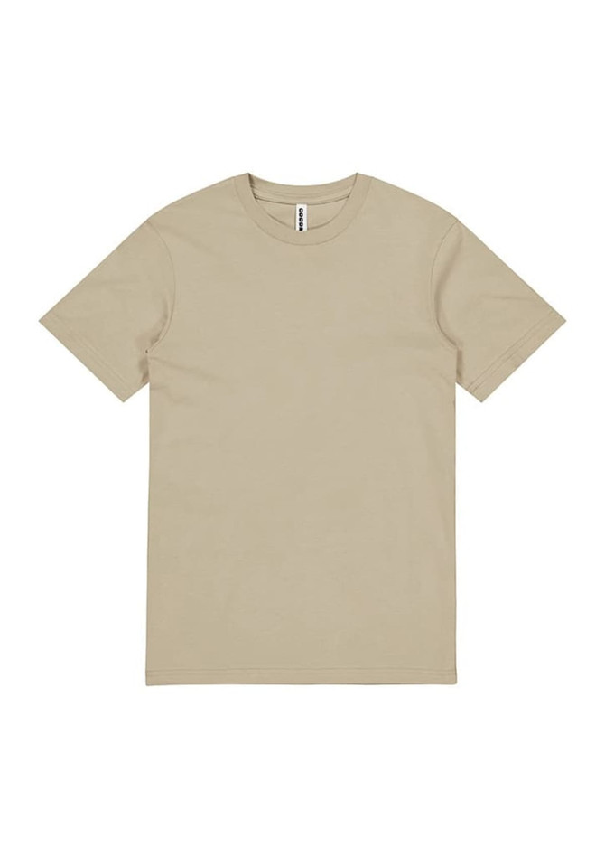 A beige short sleeve t-shirt with a simple design and a label in the neck area.