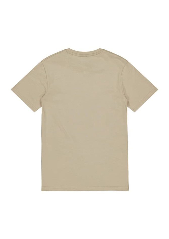 A beige short sleeve tee with a plain back, featuring a logo on the neckline.