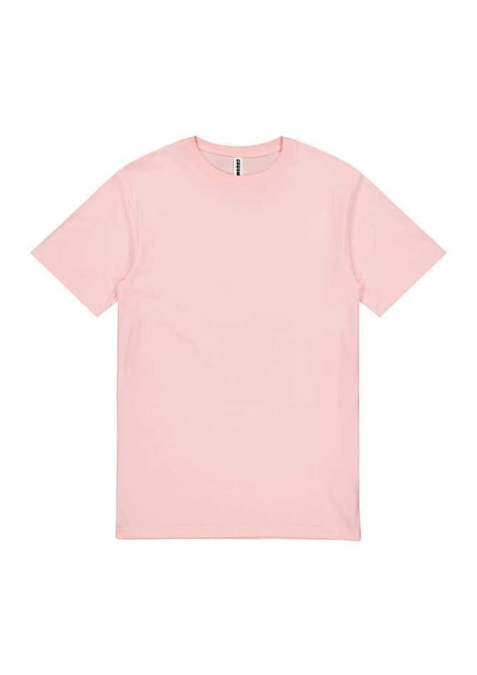 A pink short sleeve T-shirt with a plain design and a visible label at the neckline.