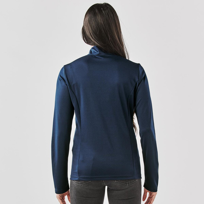 A navy blue women's pullover featuring a 1/4 zip design, viewed from the back. It has a simple, sleek silhouette.