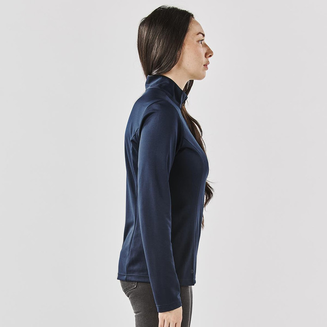 A navy women's pullover with a 1/4 zip, featuring a sleek, fitted design and long sleeves. It has a logo.
