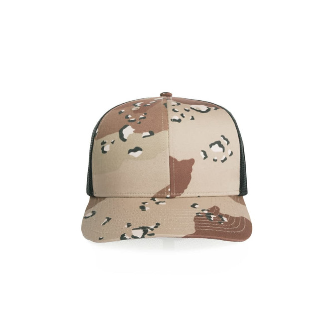 A camo cap in beige, brown, and green tones features a mesh back and a branding logo.