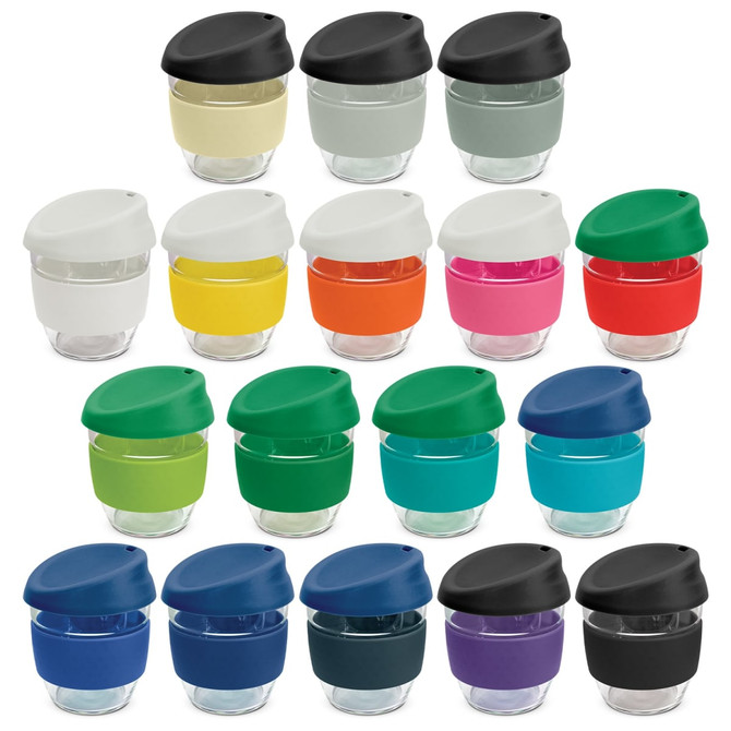 A drink bottle collection featuring reusable cups in various colours with black lids and transparent bases. Each cup has a logo.