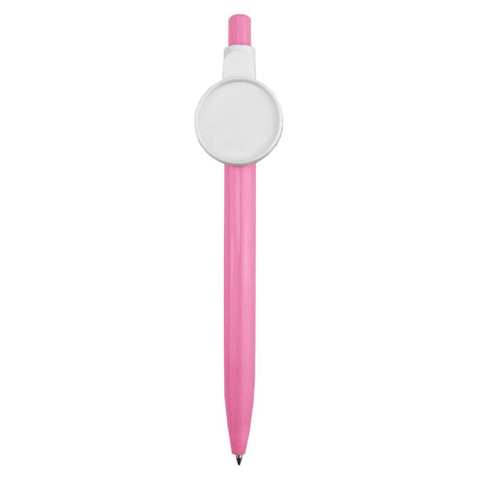 A pink pen with a white circular button at the top and a black writing tip, featuring a logo.