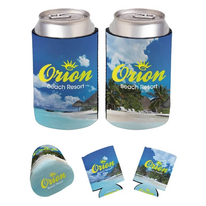 A foam stubby cooler featuring a beach scene and a logo, designed to hold standard drink cans. It comes in blue and white.