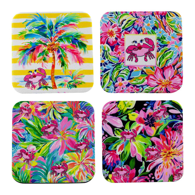 A set of four 5mm neoprene coasters, featuring vibrant floral designs in pink and green, with a palm tree and crab motifs.