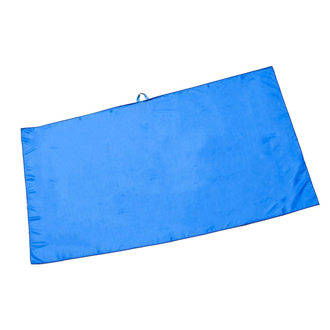 A blue suede fabric beach towel featuring a smooth texture, with a loop for hanging.