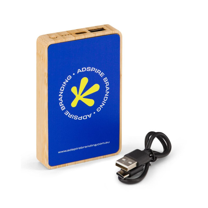 A Primo Power Bank in blue with a wood finish, featuring USB ports and a charging cable.