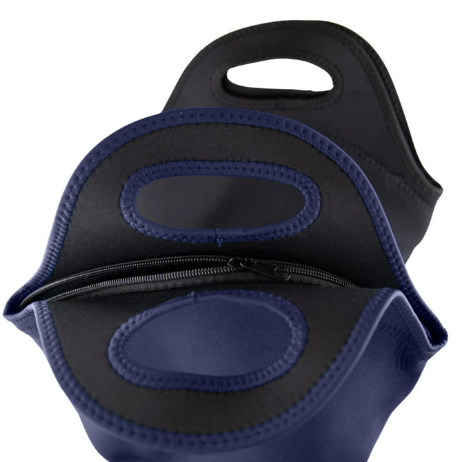 A navy neoprene lunch bag with a black interior and zip closure, featuring handles on the top.