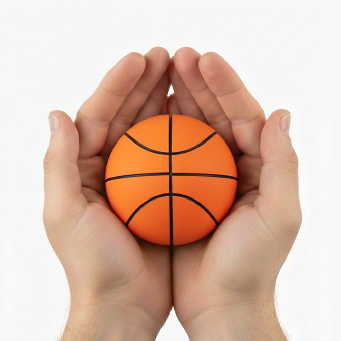 An orange basketball held in two hands, featuring black lines for seam details. The hands cradle the ball gently.
