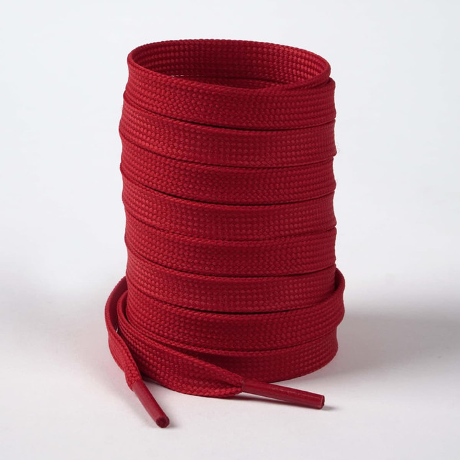 A stack of double-layer red shoelaces with a textured finish and tapered ends. The image includes a logo on the packaging.