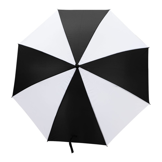 A black and white striped umbrella featuring a central opening mechanism and a textured handle. It has a logo.