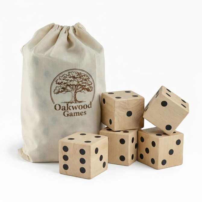 A set of five wooden yard dice in a natural fabric bag, featuring black dots and a logo.