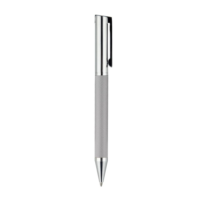 A silver metal pen with a textured grip and a clip, featuring a logo on the barrel.