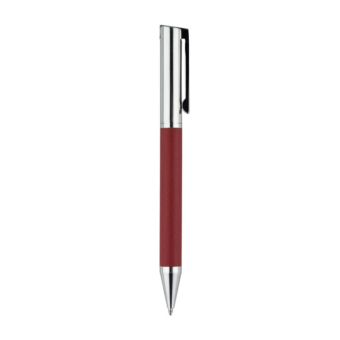 A red metal pen with a textured grip and silver accents, featuring a clip and branding.