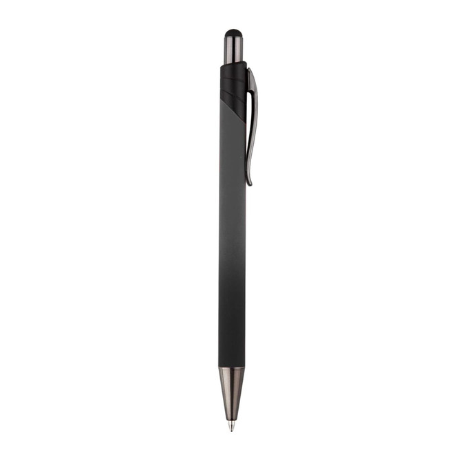 A black metal pen with a sleek design and a clip, featuring a silver tip. It has a logo on the barrel.