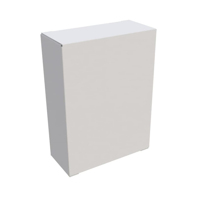 A white rectangular storage cabinet with a minimalist design and a flat top surface.