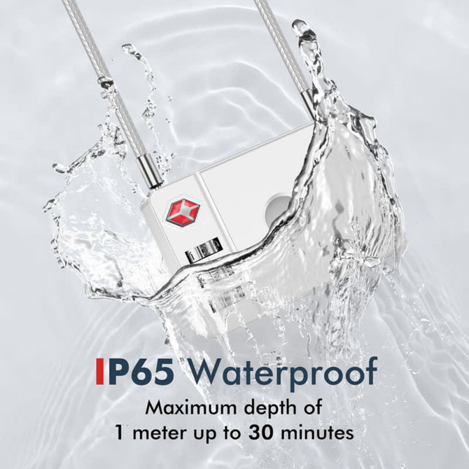 A waterproof luggage lock in a splash of water, featuring a sleek design and a logo.