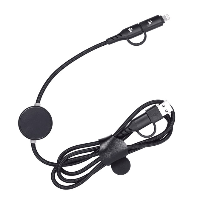 A black fast charging data cable with a round magnetic connector and a USB end, featuring a logo.