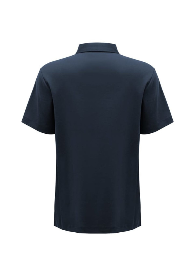 A navy blue short sleeve polo shirt featuring a collar and a logo on the front.