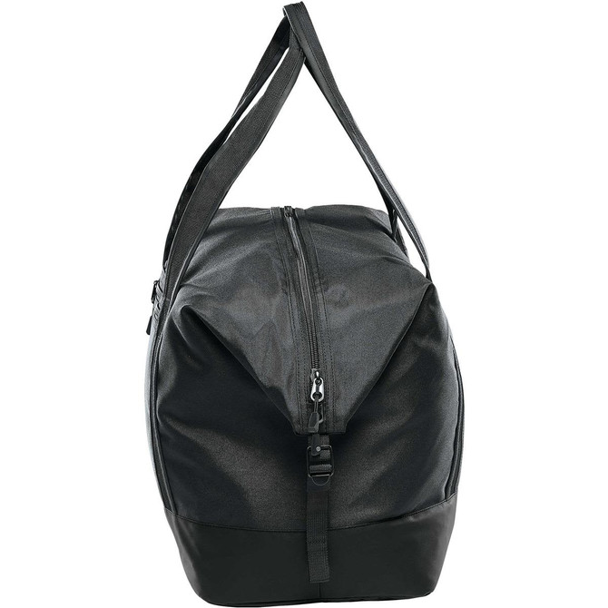 A black duffle bag with a zippered closure and adjustable shoulder strap, featuring a logo on the side.