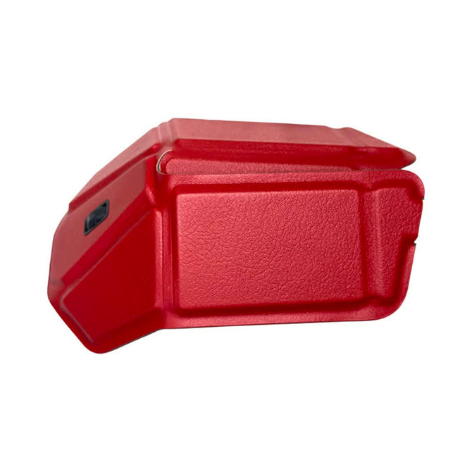 A red foldable wireless mouse with a textured surface and an integrated logo. The design is compact and sleek.