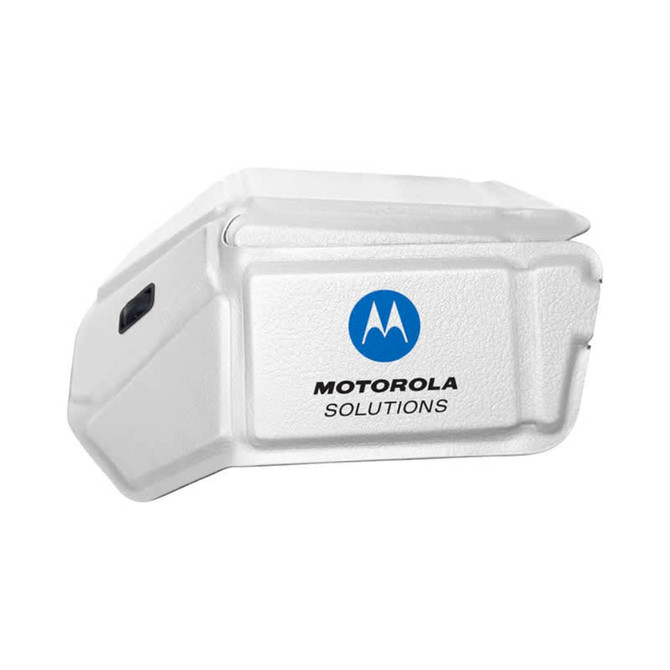 A white compact device with a logo, featuring a sleek design suitable for tech applications.