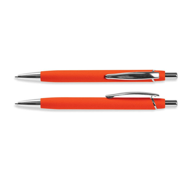 An orange Centurion Soft-Touch Pen with a chrome clip and accents, shown from two angles.