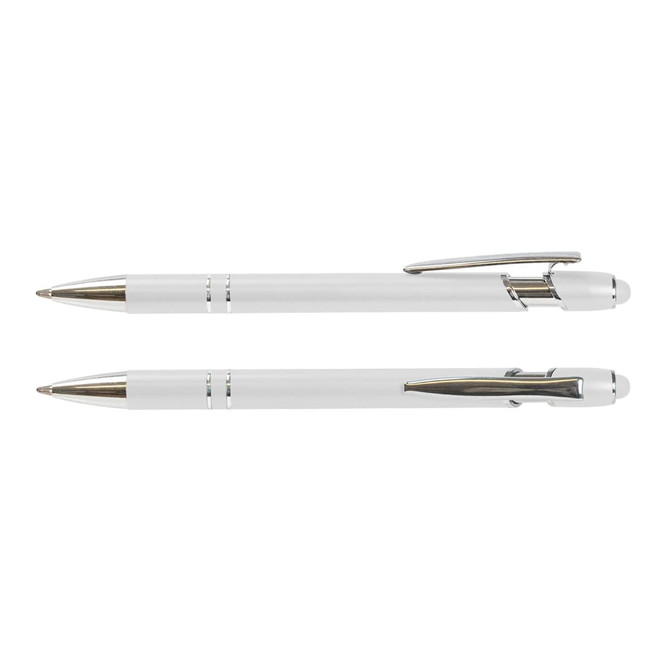 A set of white stylus pens with silver accents and clip details, featuring a sleek design.