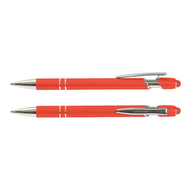 A set of two red stylus pens with silver accents and clips. Each pen features a smooth finish and a logo.